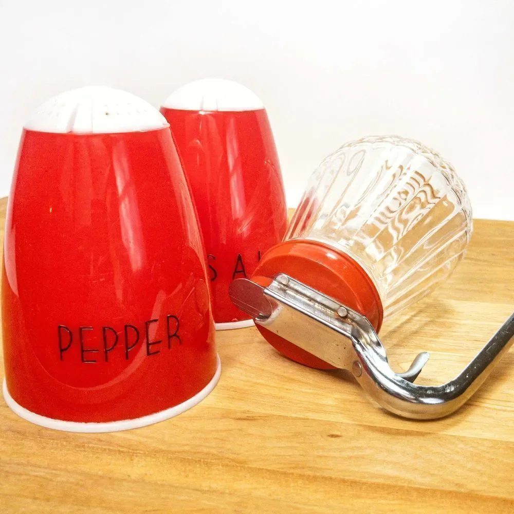 MCM Atomic Red Diner Set: Salt & Pepper Shakers and Syrup Pitcher